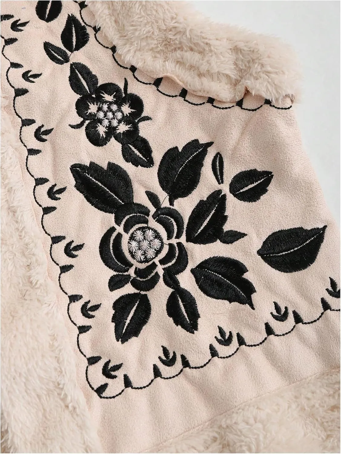 SHENHE Women's Floral Embroidered Fuzzy Outerwear Vest Open Front Sleeveless Fleece Jacket Coat