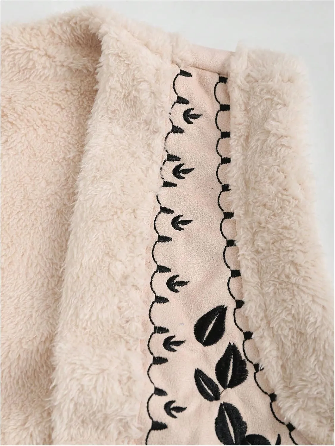 SHENHE Women's Floral Embroidered Fuzzy Outerwear Vest Open Front Sleeveless Fleece Jacket Coat