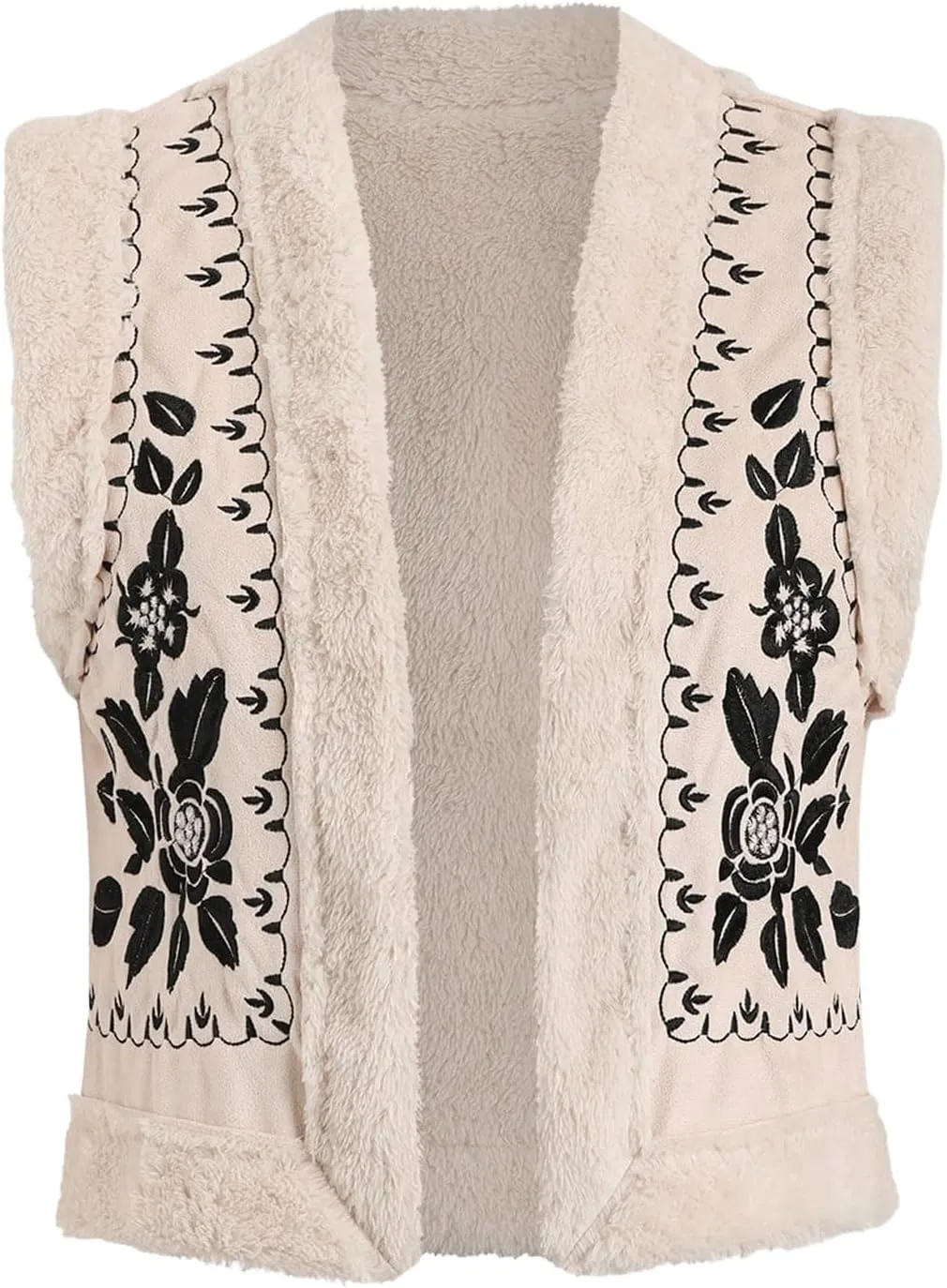 SHENHE Women's Floral Embroidered Fuzzy Outerwear Vest Open Front Sleeveless Fleece Jacket Coat