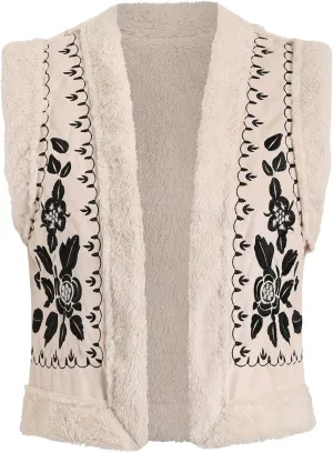 SHENHE Women's Floral Embroidered Fuzzy Outerwear Vest Open Front Sleeveless Fleece Jacket Coat