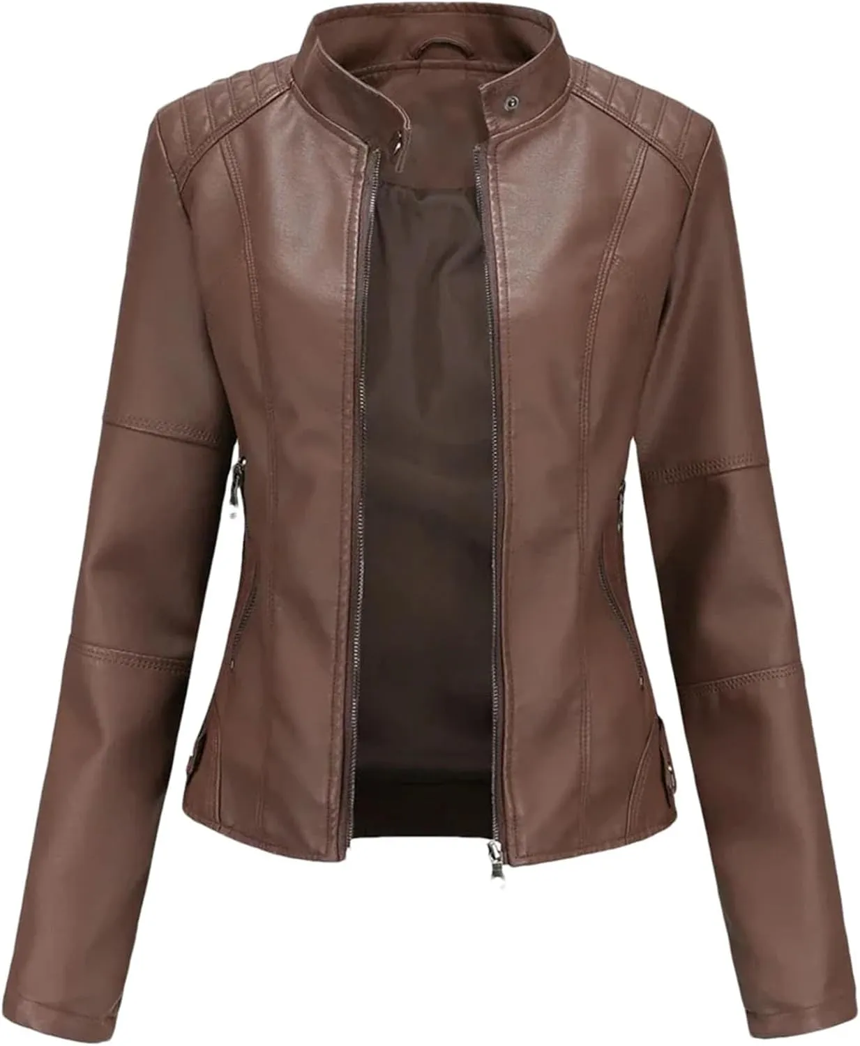 Spring Autumn Woman Leather Jacket Slim Stand Collar Solid Faux Locomotive Oversize PU Coat Tops