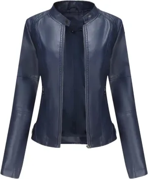 Spring Autumn Woman Leather Jacket Slim Stand Collar Solid Faux Locomotive Oversize PU Coat Tops