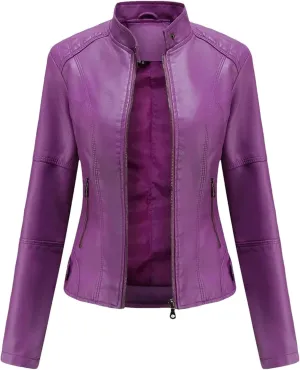 Spring Autumn Woman Leather Jacket Slim Stand Collar Solid Faux Locomotive Oversize PU Coat Tops