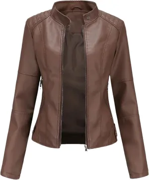 Spring Autumn Woman Leather Jacket Slim Stand Collar Solid Faux Locomotive Oversize PU Coat Tops