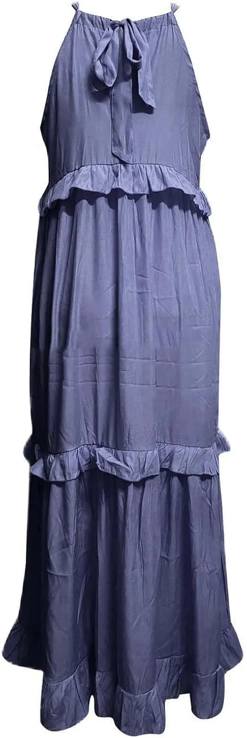 Summer Dresses for Women 2025 Casual Sleeveless Halter Neck Maxi Dress Plus Size Loose Flowy Ruffle Beach Sundresses