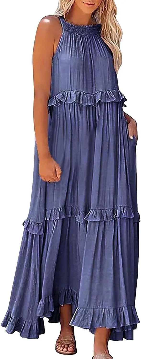 Summer Dresses for Women 2025 Casual Sleeveless Halter Neck Maxi Dress Plus Size Loose Flowy Ruffle Beach Sundresses