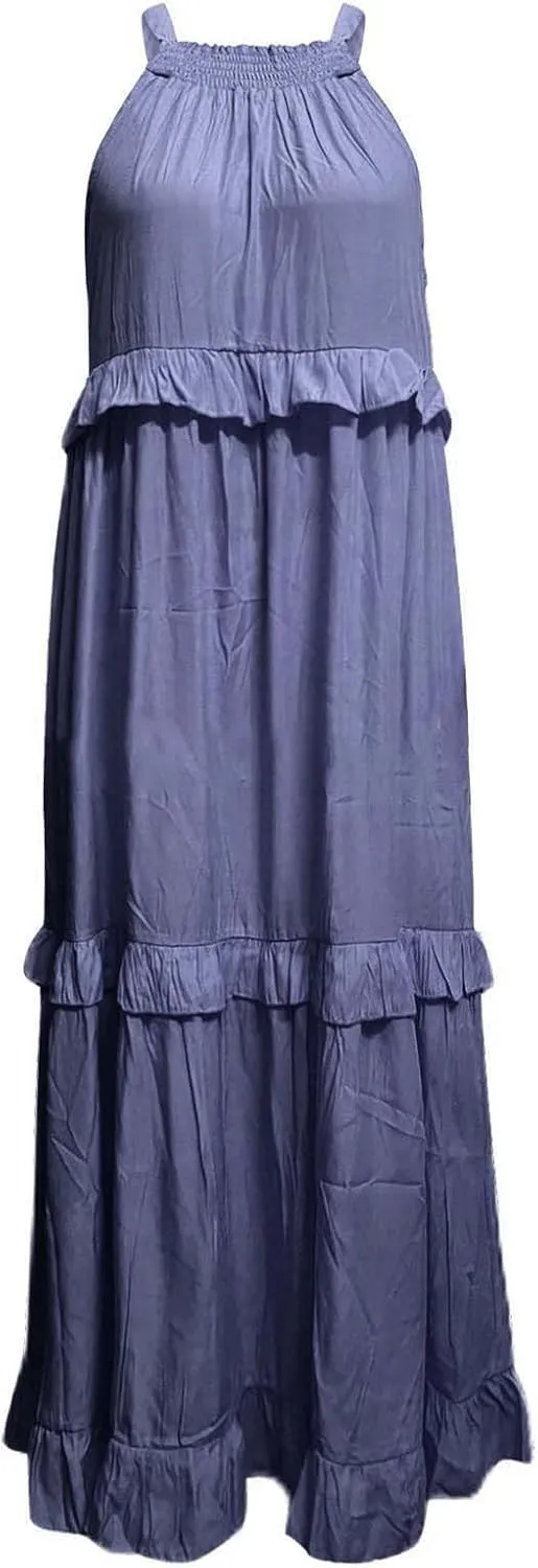 Summer Dresses for Women 2025 Casual Sleeveless Halter Neck Maxi Dress Plus Size Loose Flowy Ruffle Beach Sundresses