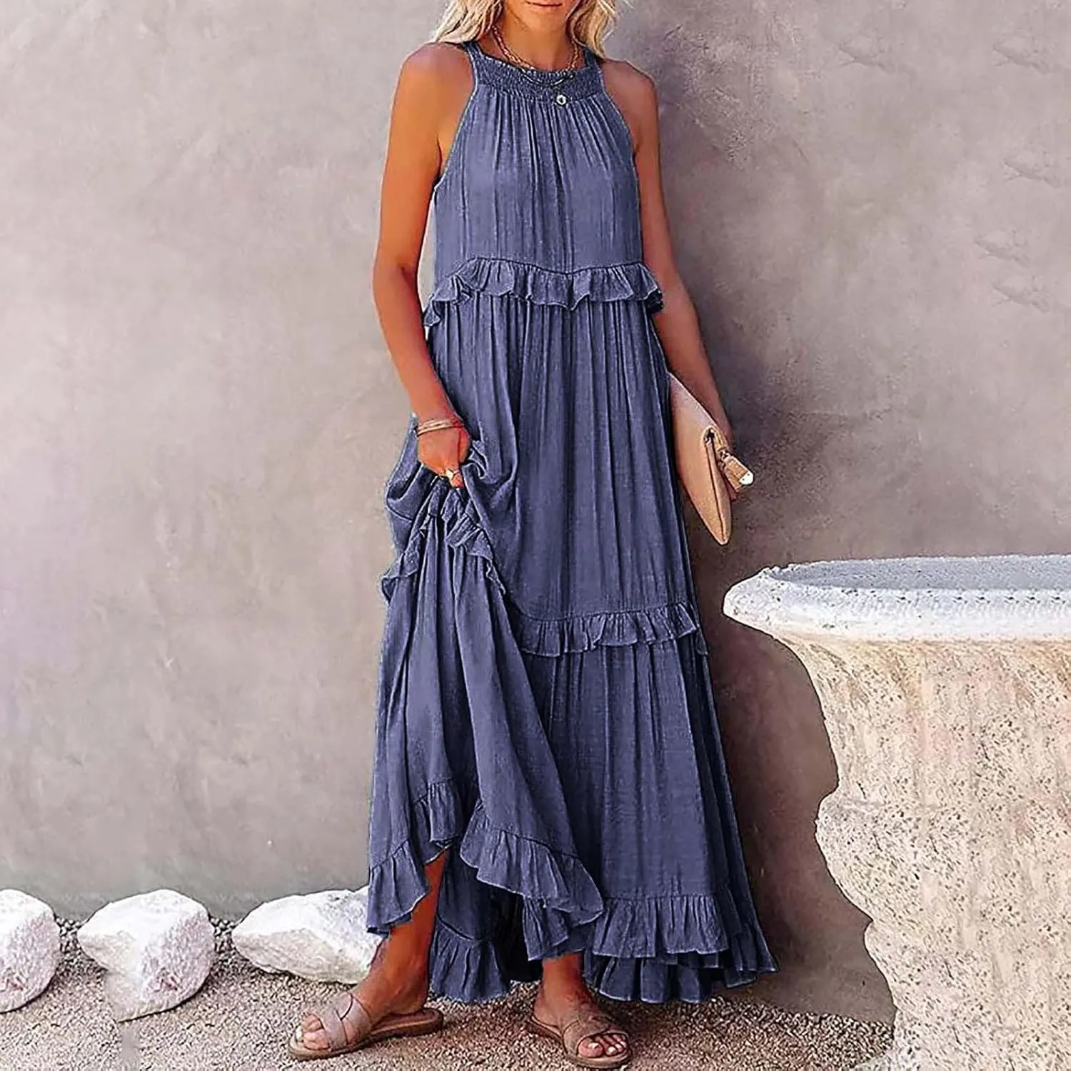Summer Dresses for Women 2025 Casual Sleeveless Halter Neck Maxi Dress Plus Size Loose Flowy Ruffle Beach Sundresses