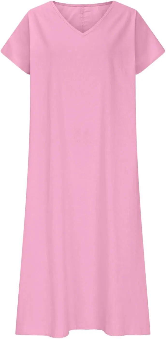 Summer Dresses for Women 2025 Flowy Trendy Casual Cotton Linen Dresses Beach Short Sleeve Vacation Maxi Sundresses