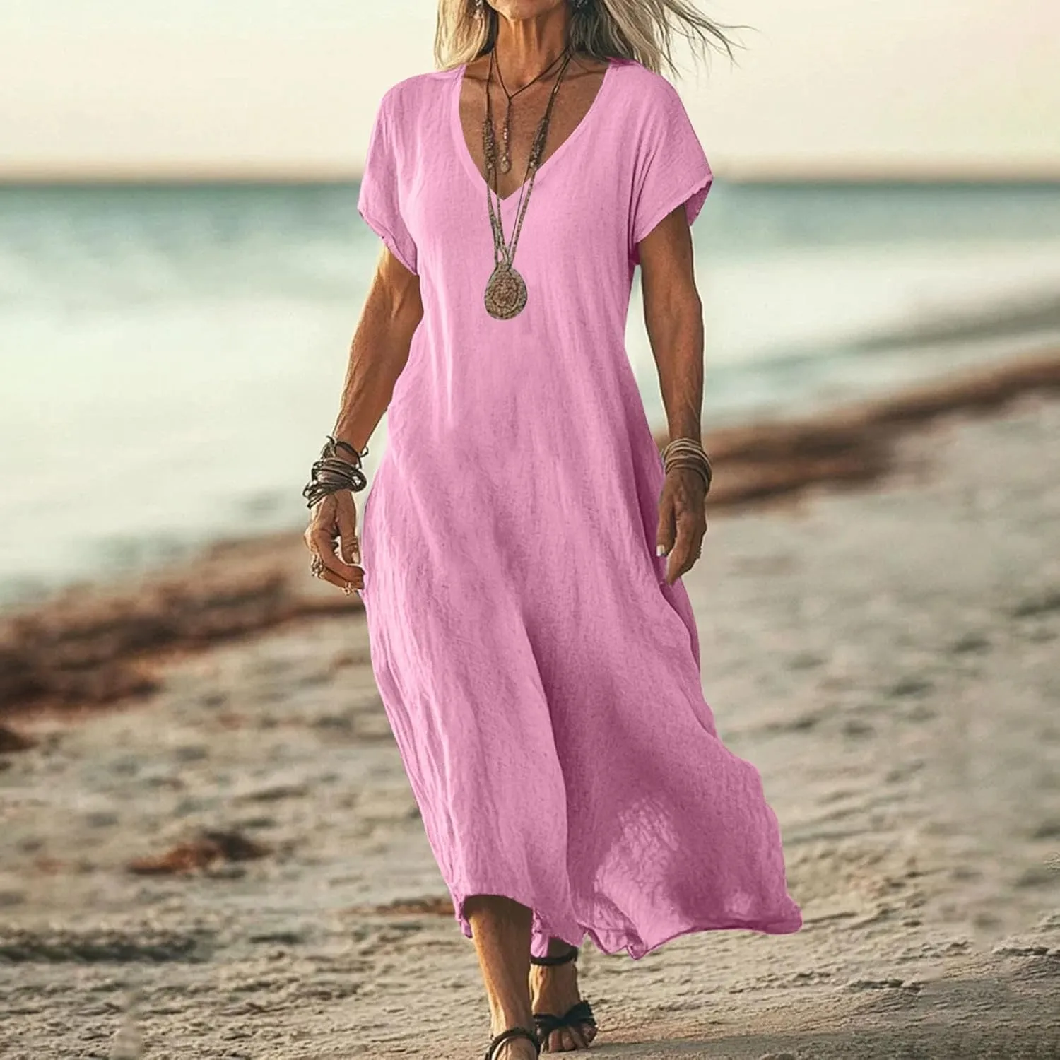 Summer Dresses for Women 2025 Flowy Trendy Casual Cotton Linen Dresses Beach Short Sleeve Vacation Maxi Sundresses