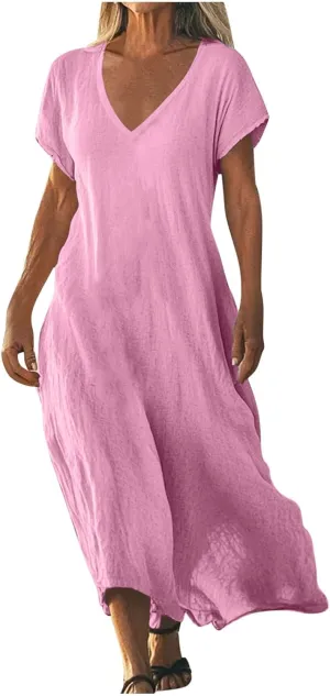 Summer Dresses for Women 2025 Flowy Trendy Casual Cotton Linen Dresses Beach Short Sleeve Vacation Maxi Sundresses