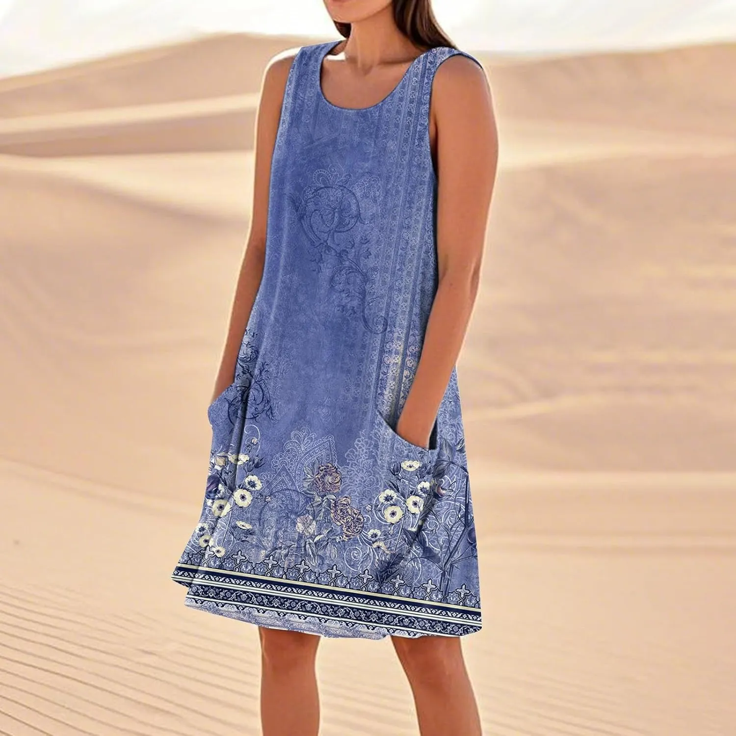 Summer Dresses for Women 2025 Sleeveless Cotton Linen Tank Dress Plus Size Floral Print Beach Sundress with Pockets