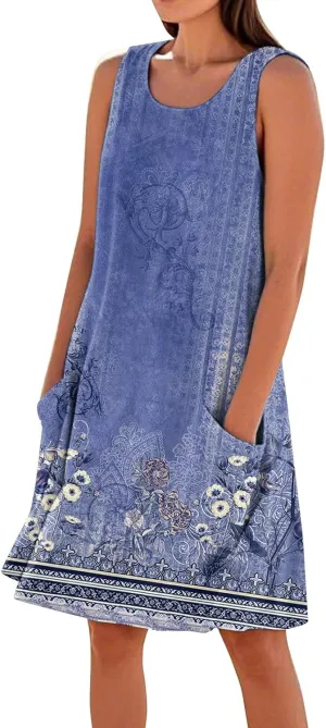 Summer Dresses for Women 2025 Sleeveless Cotton Linen Tank Dress Plus Size Floral Print Beach Sundress with Pockets