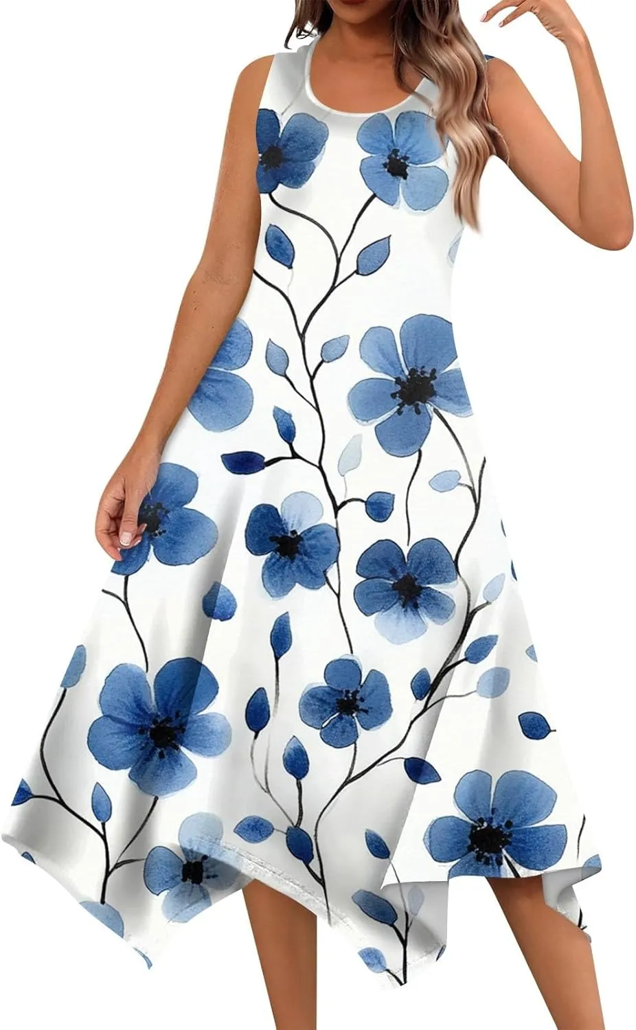 Tank Dress for Women Summer Midi Sleeveless Irregular Hem Plus Size Dress U-Neck Cocktail Dresses A Line with Pockets