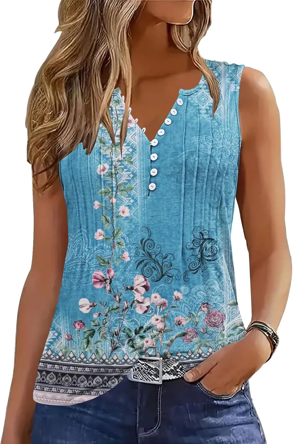 Tank Tops for Women 2025 Summer Top Pleated Shirts Dressy Casual Loose Fit V-Neck Button Down Sleeveless Tshirt Blouse
