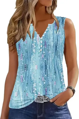 Tank Tops for Women 2025 Summer Top Pleated Shirts Dressy Casual Loose Fit V-Neck Button Down Sleeveless Tshirt Blouse