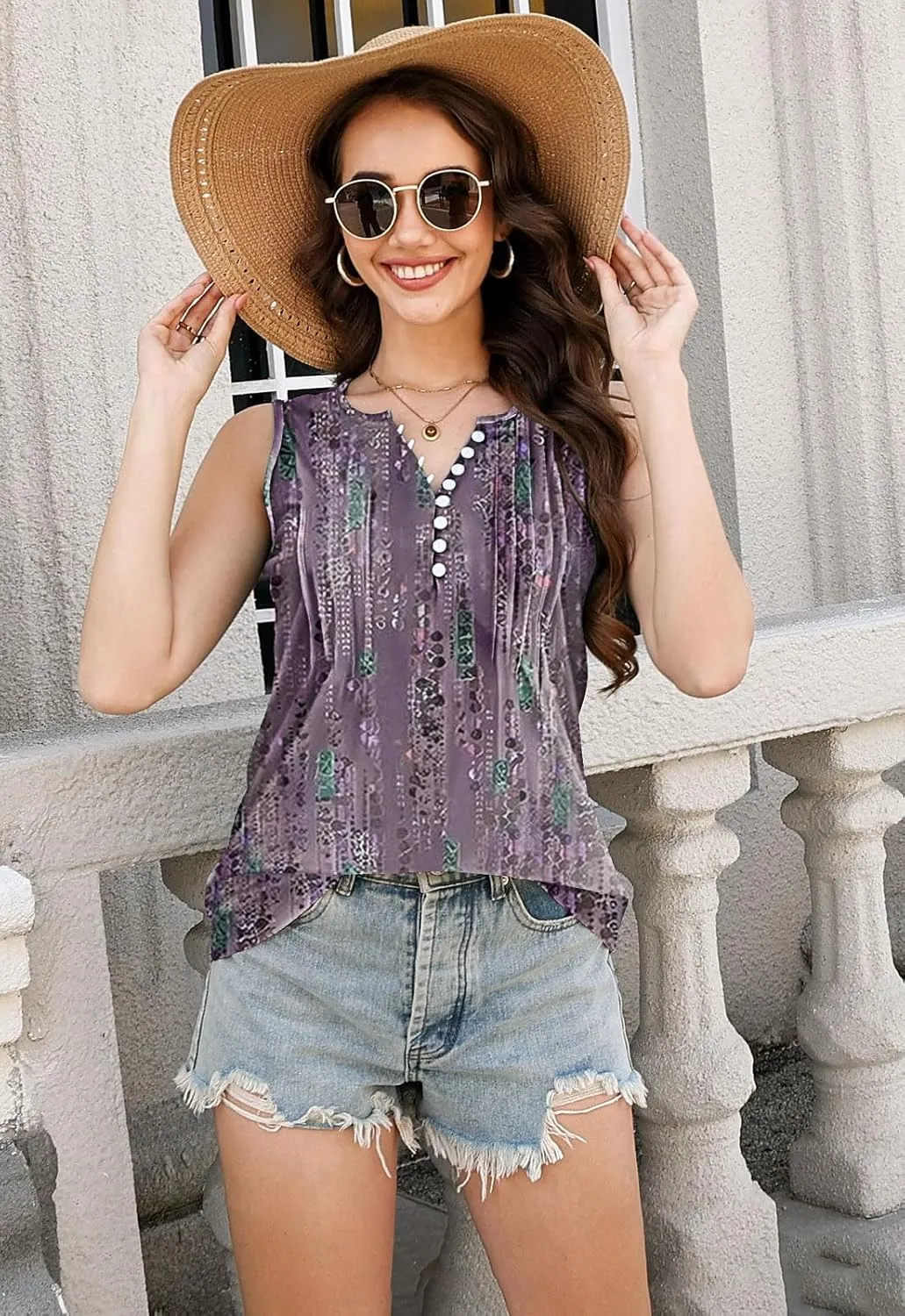 Tank Tops for Women 2025 Summer Top Pleated Shirts Dressy Casual Loose Fit V-Neck Button Down Sleeveless Tshirt Blouse
