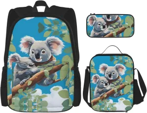 Two cute koalas Backpack set (3-piece set) - student school bag   pencil case   lunch bag, large capacity backpack