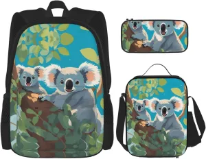 Two happy koalas Backpack set (3-piece set) - student school bag   pencil case   lunch bag, large capacity backpack