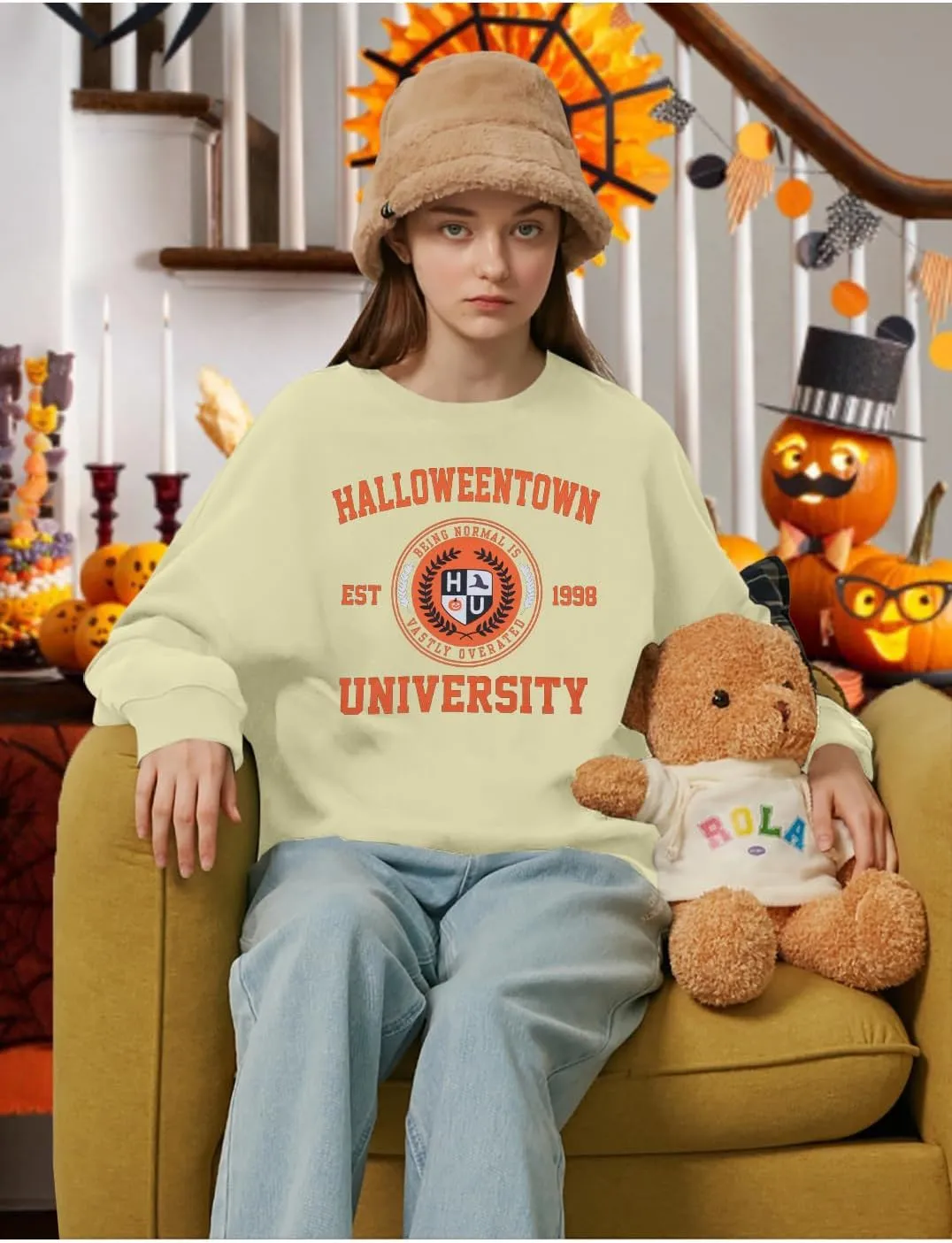 UNIQUEONE Halloween Sweatshirts for Women Oversized: Halloweentown University Sweater Spooky Season Fall Pullover Sweatshirt