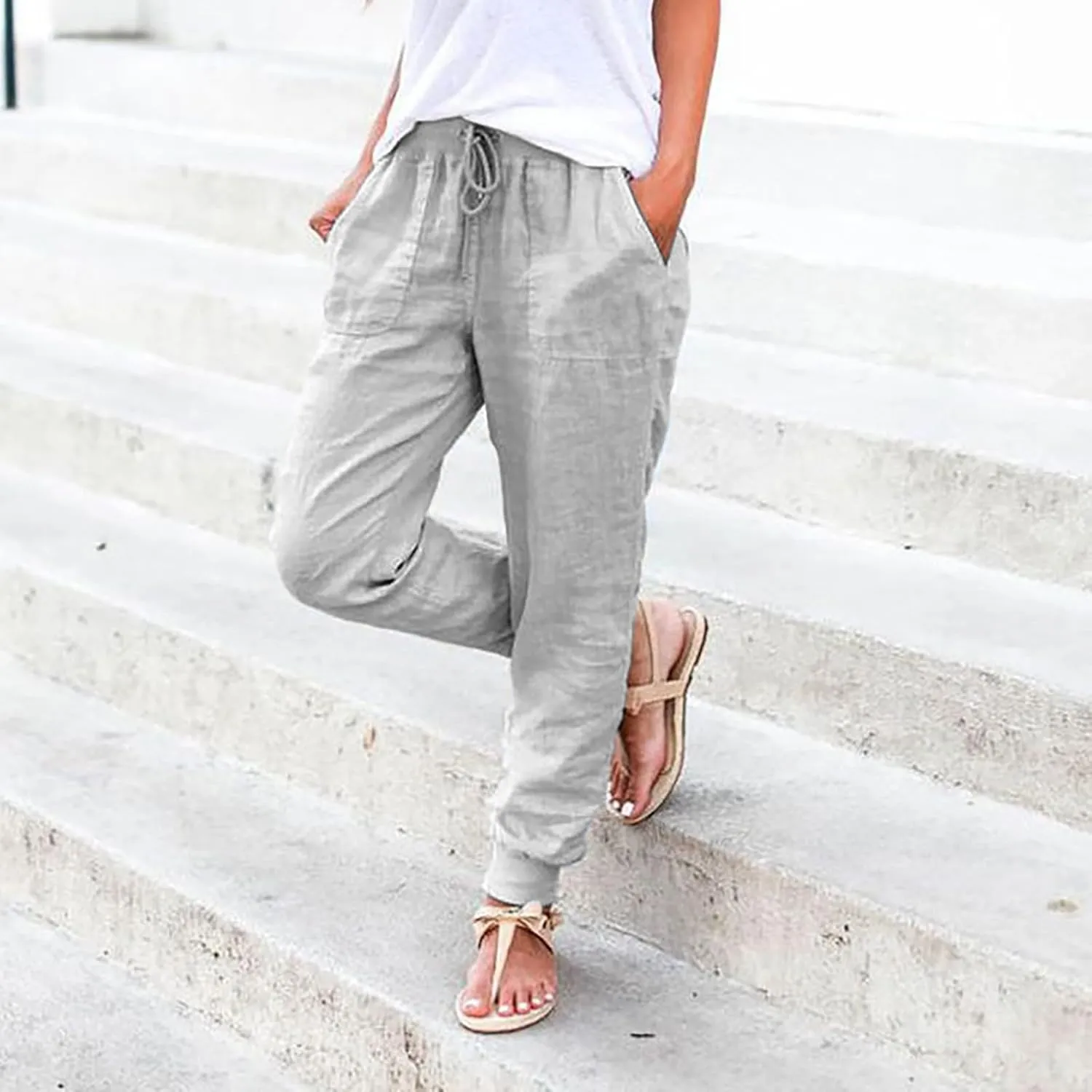 Wide Leg Casual Linen Pants for Women, Solid Color Cropped Capris Trouser with Pockets Comfort Yoga Soft Lounge Trousers