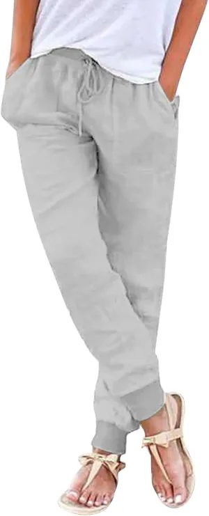 Wide Leg Casual Linen Pants for Women, Solid Color Cropped Capris Trouser with Pockets Comfort Yoga Soft Lounge Trousers