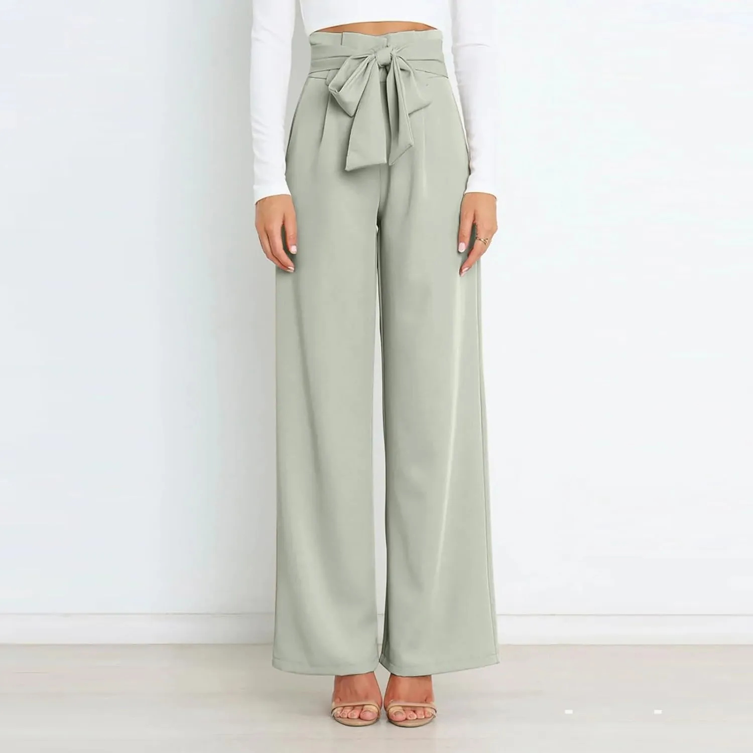 Wide Leg Work Pants for Women Dressy High Waist Bow Tiw Lace Up Baggy Pants Trendy Loose Fit Comfort Business Trousers