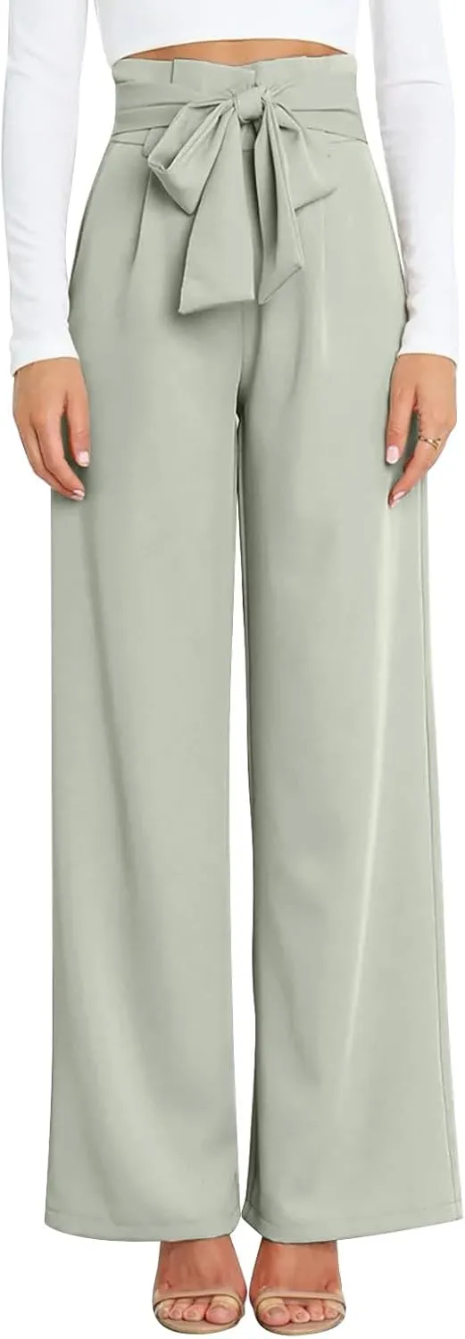 Wide Leg Work Pants for Women Dressy High Waist Bow Tiw Lace Up Baggy Pants Trendy Loose Fit Comfort Business Trousers