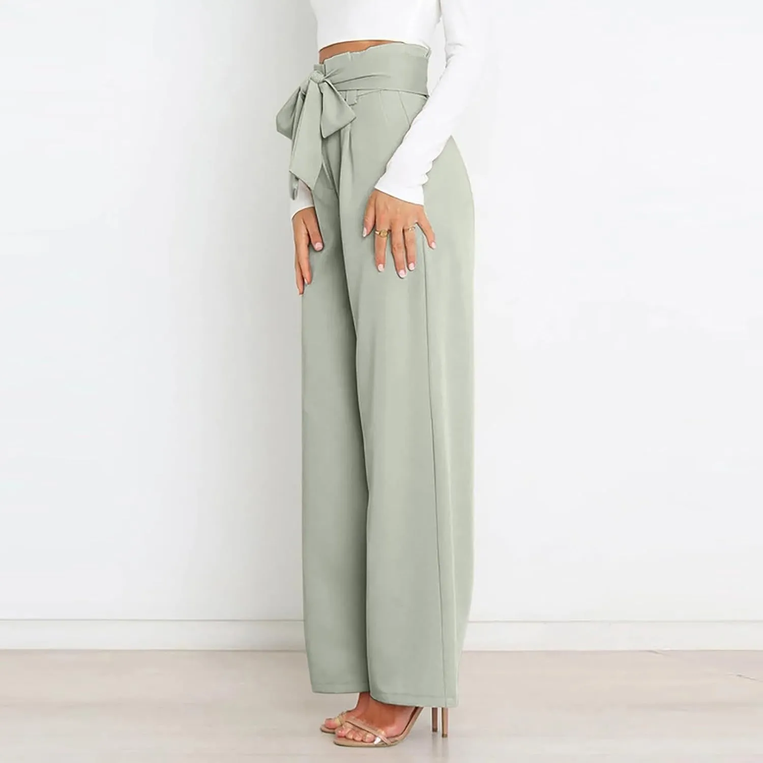 Wide Leg Work Pants for Women Dressy High Waist Bow Tiw Lace Up Baggy Pants Trendy Loose Fit Comfort Business Trousers
