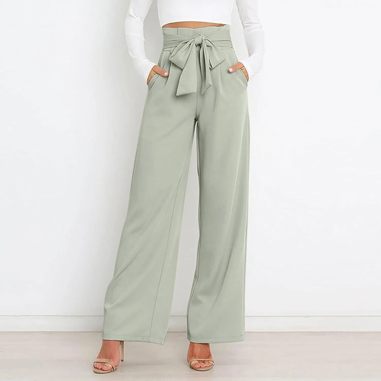 Wide Leg Work Pants for Women Dressy High Waist Bow Tiw Lace Up Baggy Pants Trendy Loose Fit Comfort Business Trousers