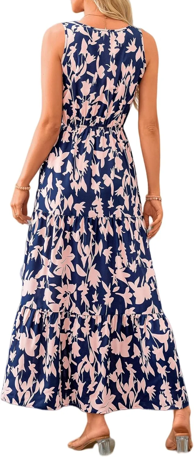 Women Summer Dresses Casual Sleeveless Maxi Dresses V Neck Ruffle Flowy Boho Dresses Beach Sundress Floral Long Dress