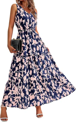 Women Summer Dresses Casual Sleeveless Maxi Dresses V Neck Ruffle Flowy Boho Dresses Beach Sundress Floral Long Dress
