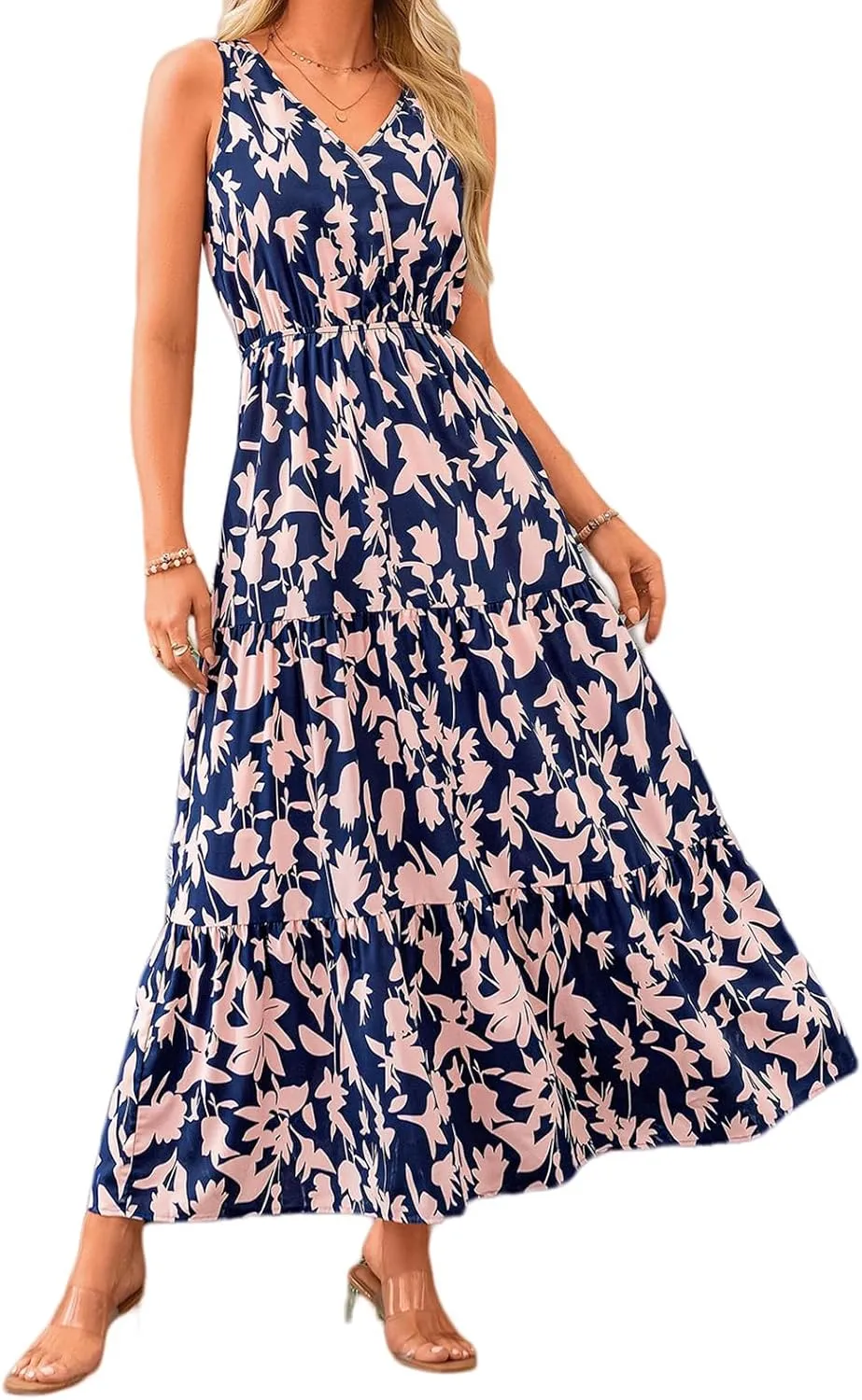 Women Summer Dresses Casual Sleeveless Maxi Dresses V Neck Ruffle Flowy Boho Dresses Beach Sundress Floral Long Dress