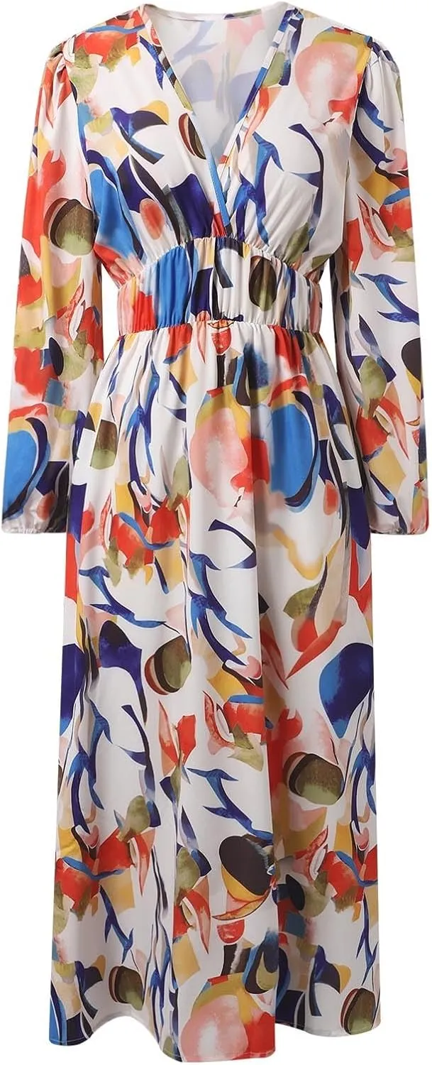 Women's 2025 Floral Spring Maxi Dress, Summer Long Sleeve V-Neck Empire Waist Dress, Flowy Wedding Guest Dresses