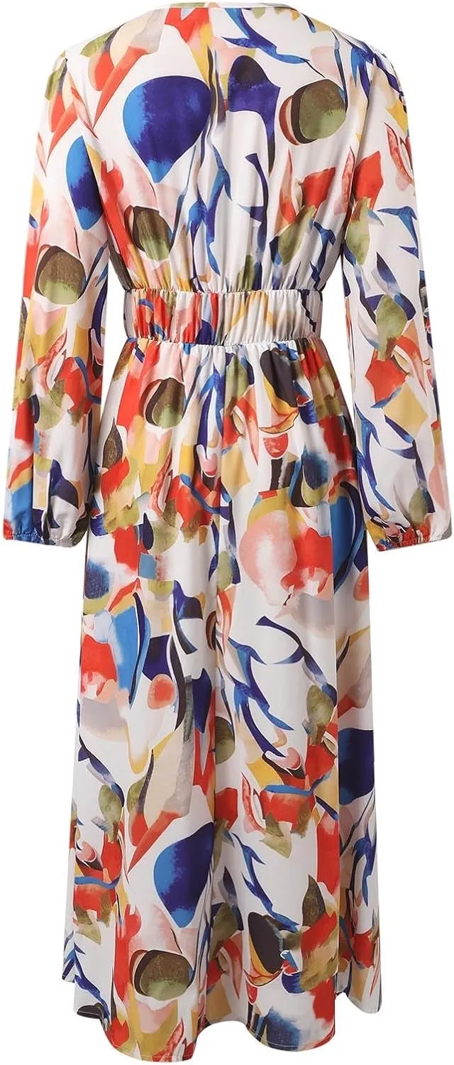 Women's 2025 Floral Spring Maxi Dress, Summer Long Sleeve V-Neck Empire Waist Dress, Flowy Wedding Guest Dresses