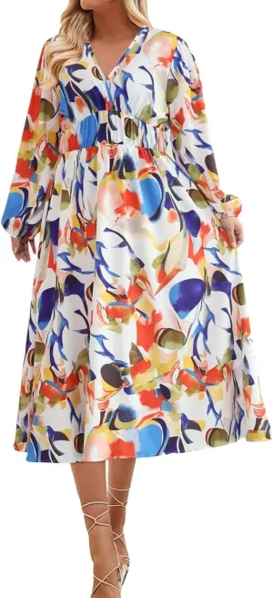 Women's 2025 Floral Spring Maxi Dress, Summer Long Sleeve V-Neck Empire Waist Dress, Flowy Wedding Guest Dresses