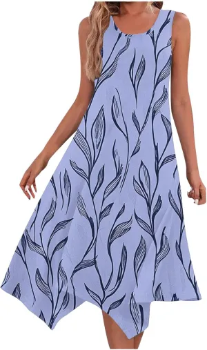 Women's Beach Sleeveless Midi Dress Summer Casual Tank Dresses Floral Print Loose A-Line Tank Sundress with Pockets