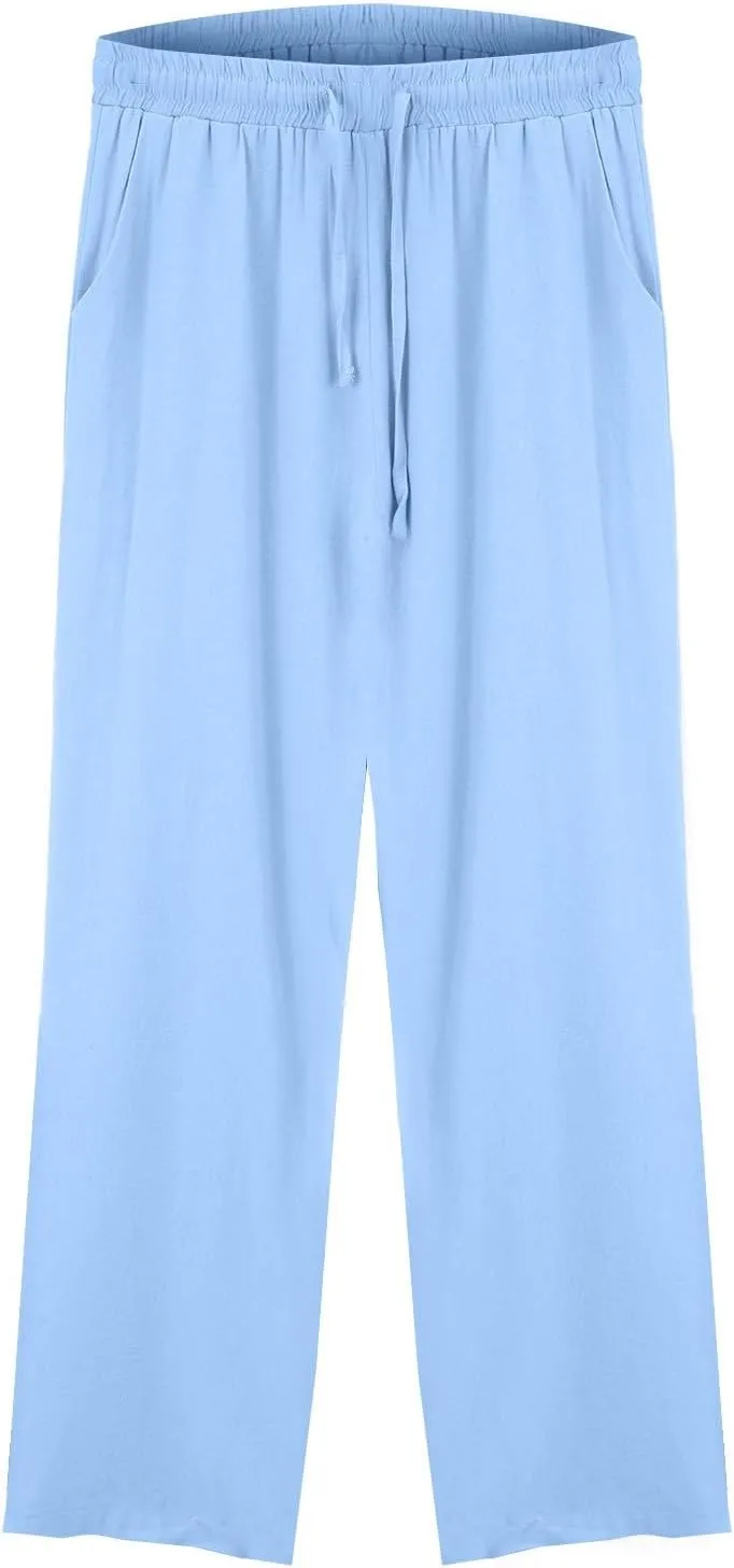 Women's Casual Cotton Linen Pants Summer Drawstring Elastic Waist Solid Plus Size Lounge Long Trousers with Pockets