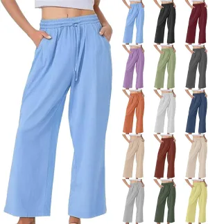 Women's Casual Cotton Linen Pants Summer Drawstring Elastic Waist Solid Plus Size Lounge Long Trousers with Pockets