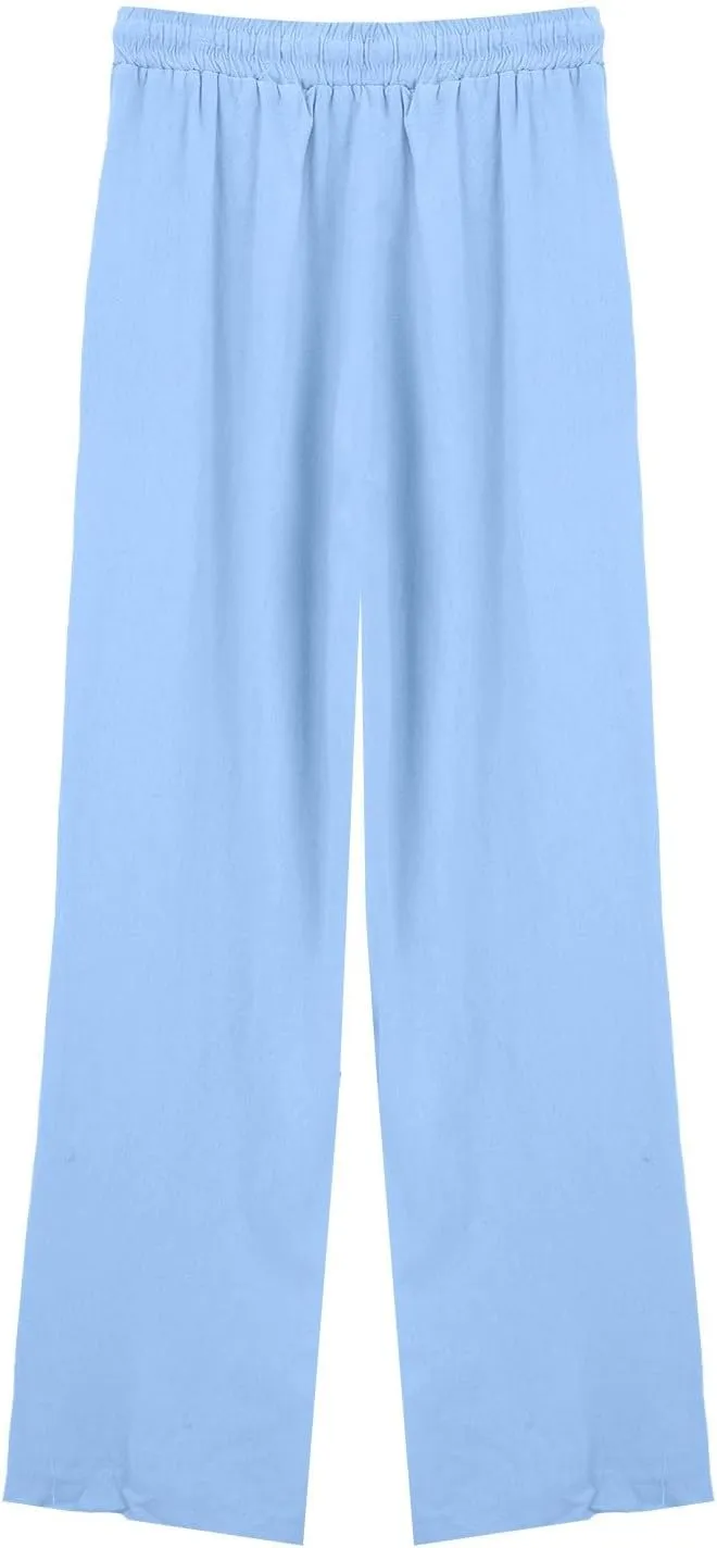 Women's Casual Cotton Linen Pants Summer Drawstring Elastic Waist Solid Plus Size Lounge Long Trousers with Pockets