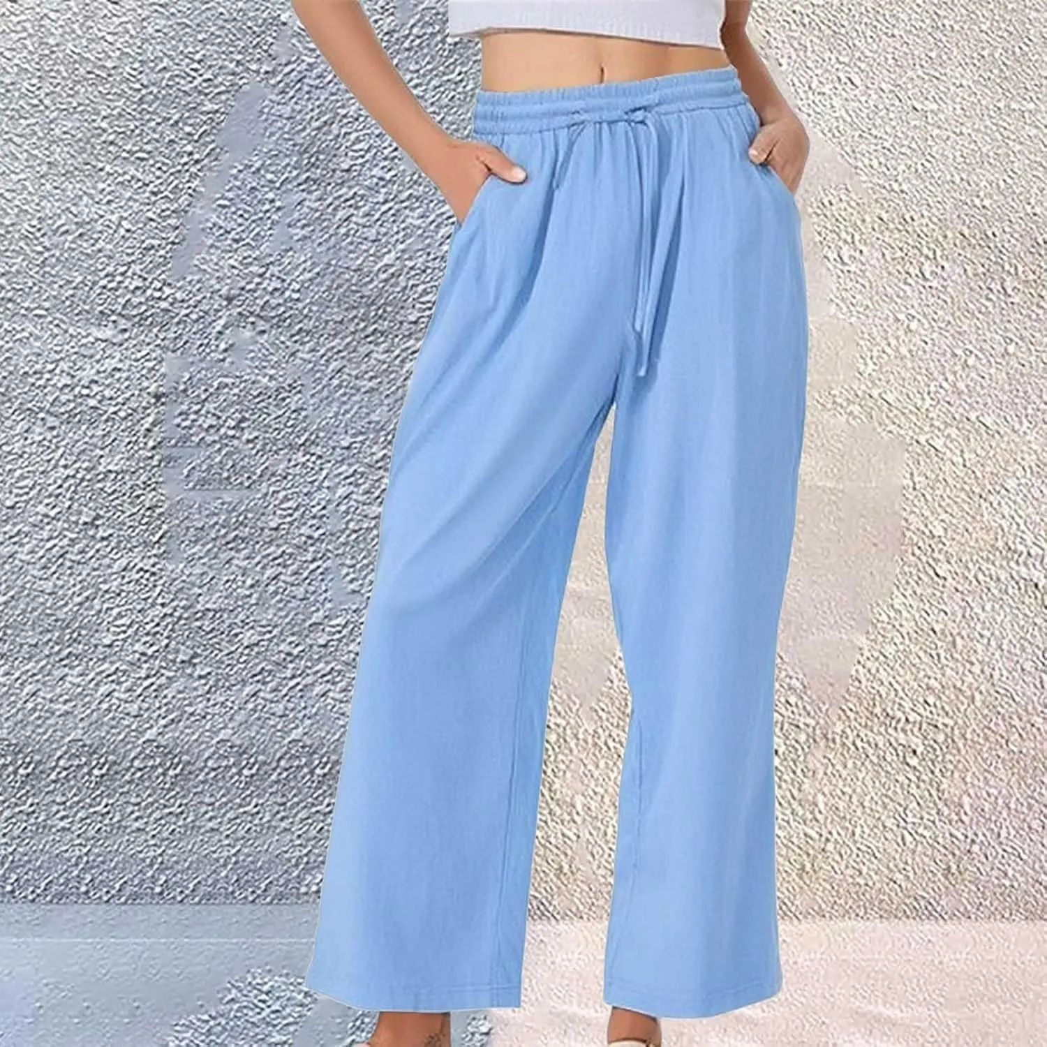 Women's Casual Cotton Linen Pants Summer Drawstring Elastic Waist Solid Plus Size Lounge Long Trousers with Pockets
