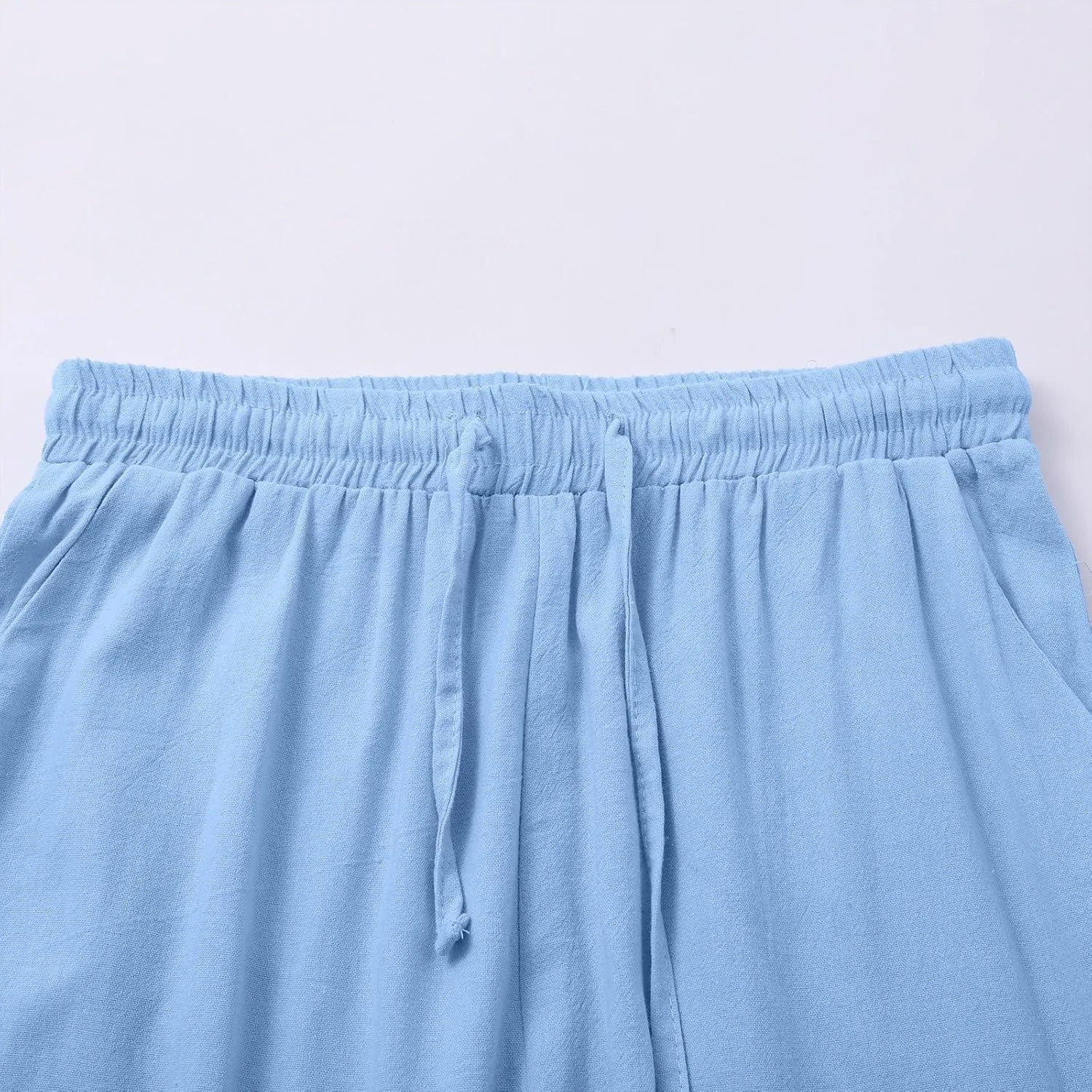 Women's Casual Cotton Linen Pants Summer Drawstring Elastic Waist Solid Plus Size Lounge Long Trousers with Pockets