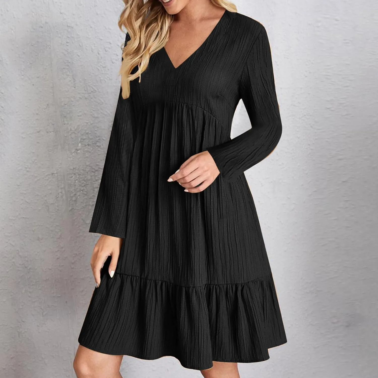 Women's Casual Long Sleeve V Neck Pleated Dress Tiered Ruffle Hem A-Line Loose Fit Flowy Swing Babydoll Mini Dresses