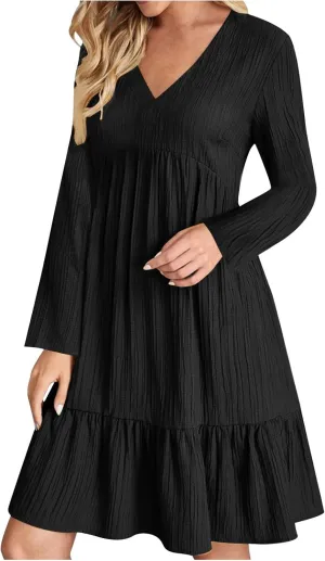 Women's Casual Long Sleeve V Neck Pleated Dress Tiered Ruffle Hem A-Line Loose Fit Flowy Swing Babydoll Mini Dresses