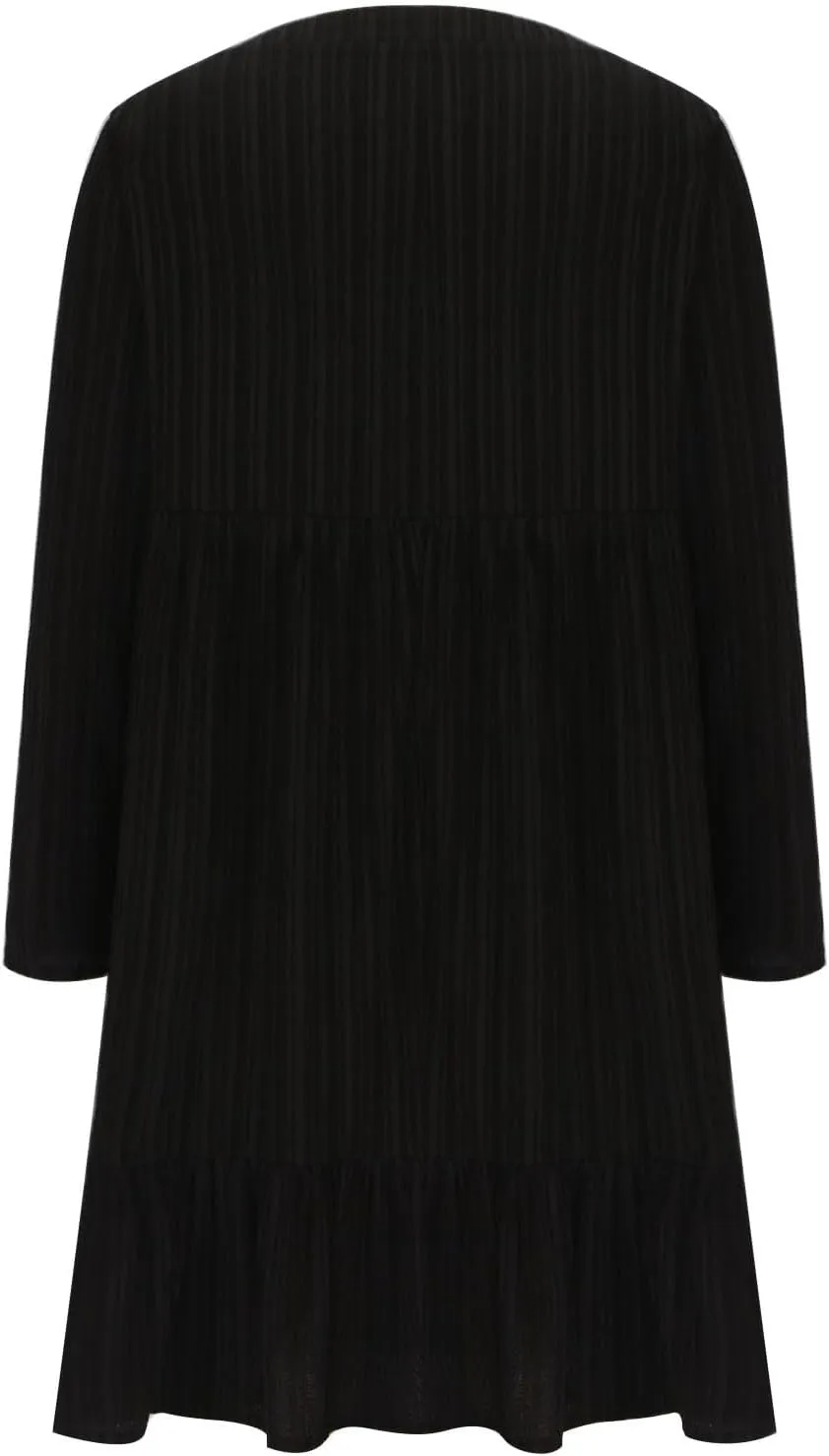 Women's Casual Long Sleeve V Neck Pleated Dress Tiered Ruffle Hem A-Line Loose Fit Flowy Swing Babydoll Mini Dresses