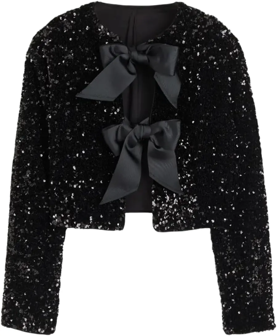 Women's Casual Sequin Jackets Bow Coats Sparkling Holiday Party Y2k Cropped Tops