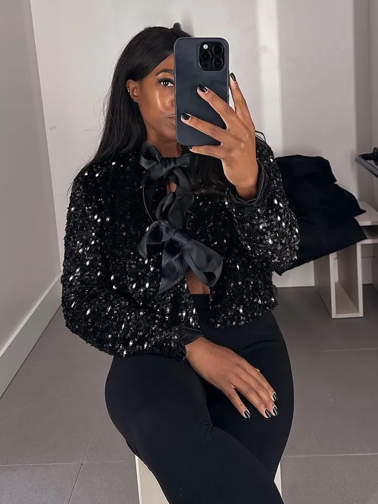Women's Casual Sequin Jackets Bow Coats Sparkling Holiday Party Y2k Cropped Tops