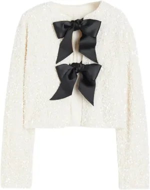 Women's Casual Sequin Jackets Bow Coats Sparkling Holiday Party Y2k Cropped Tops