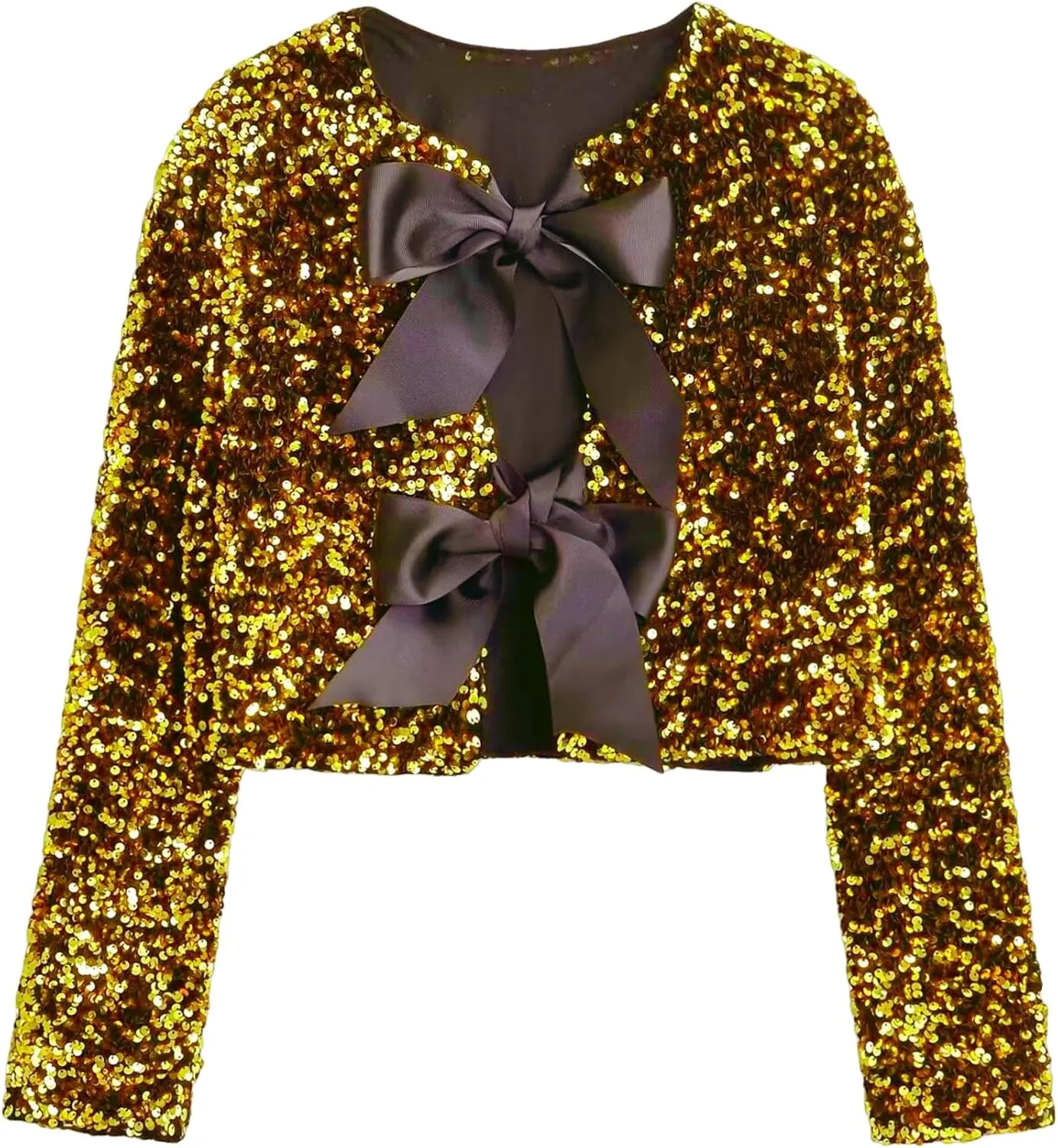 Women's Casual Sequin Jackets Bow Coats Sparkling Holiday Party Y2k Cropped Tops