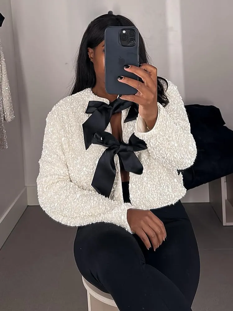 Women's Casual Sequin Jackets Bow Coats Sparkling Holiday Party Y2k Cropped Tops